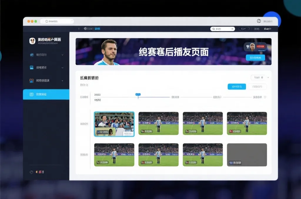 比赛结束后，电视屏幕展示集锦回放页面，旁边有时间轴和多角度切换提示